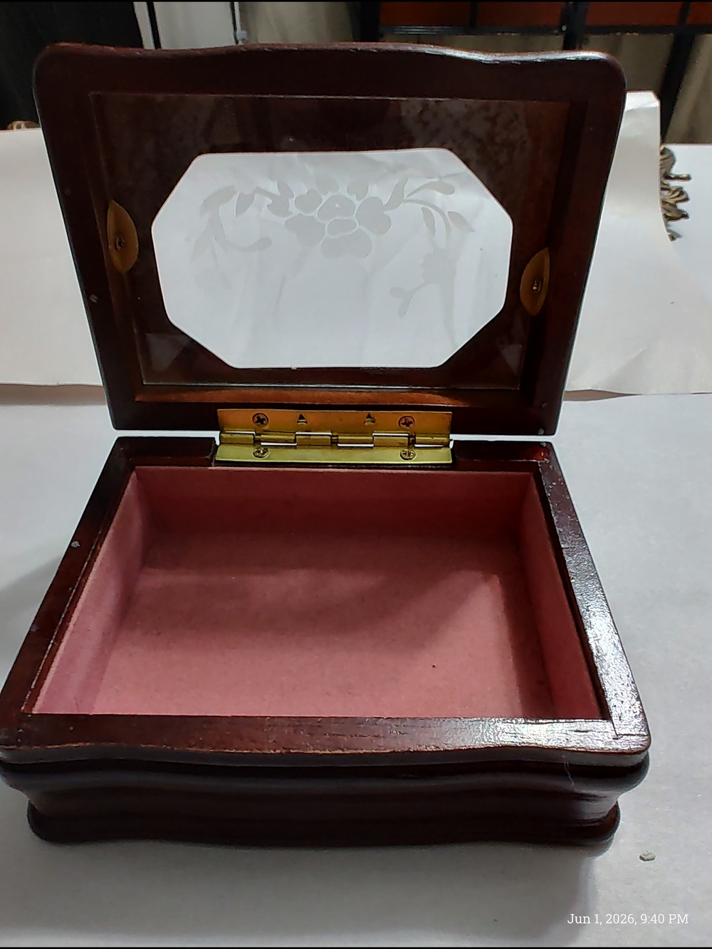 Gunther Mele Limited 1976 Vintage Wooden Etched Glass Jewelry Box
